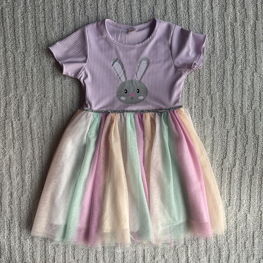 Mia Belle Girls Lavender Bunny Tutu Dress with Pastel Rainbow Skirt size 7-8
